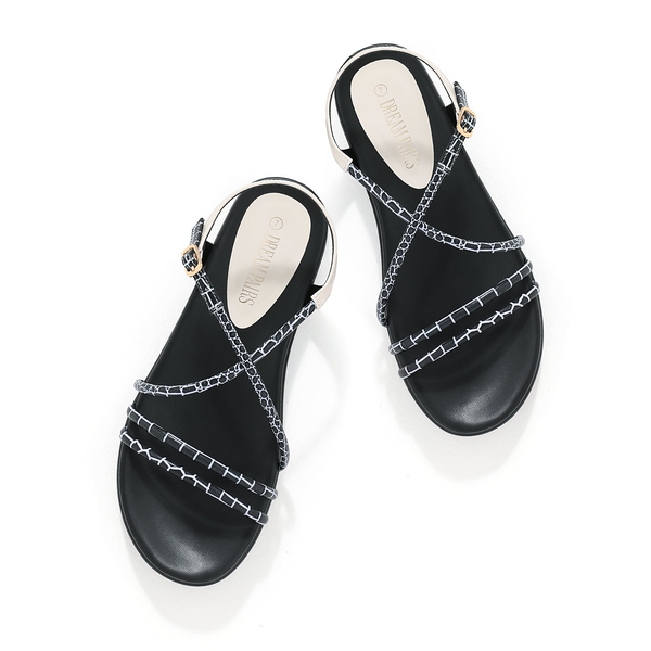 Round Toe Dressy Flat Sandals - BLACK WHITE - 4